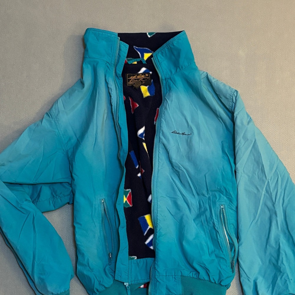 Eddie Bauer Vintage 90s Teal Fleece Lined Bomber Jacket Nautical Flag Print